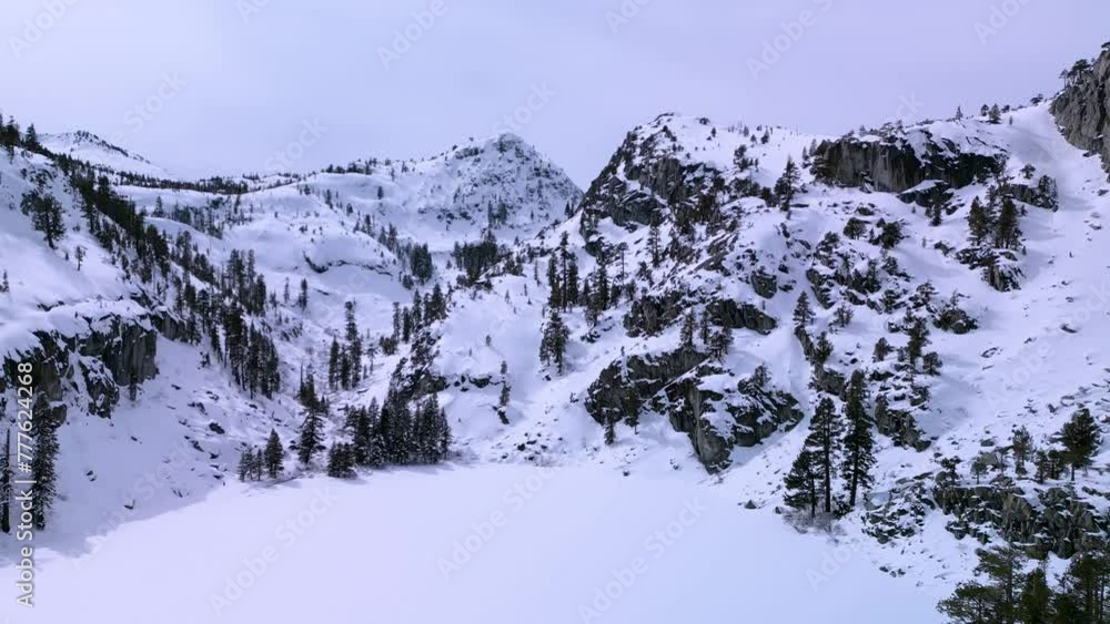 Aerial view of Eagle Lake mountains with snow landscape, Lake Tahoe, Desolation Wilderness
