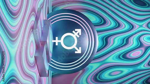 Transgender symbol on a podium with colorful blue wavy pattern background, vertical photo