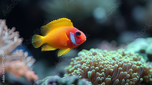  A tight shot of a fish over a coral, surrounded by various corals and sea anemones in the backdrop