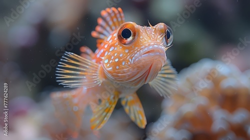  A tight shot of a tiny orange fish speckled with black eyemarks against a backdrop of vibrant coral