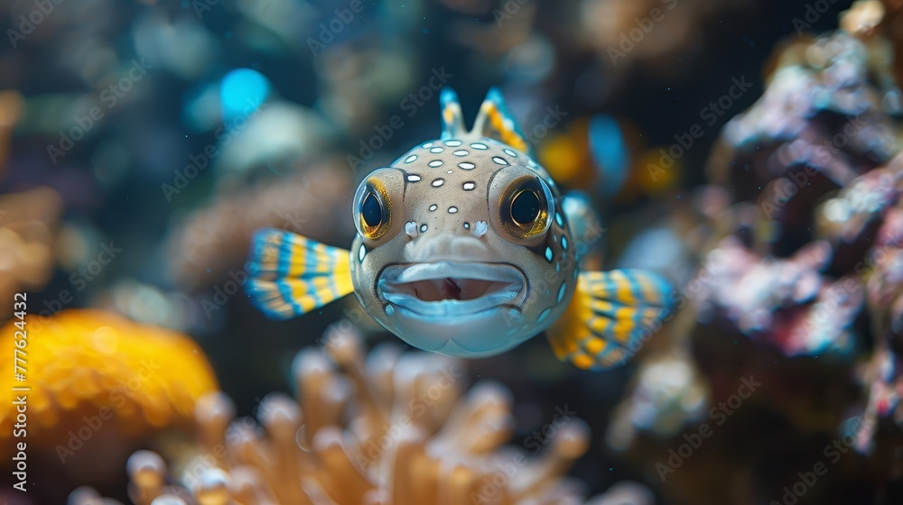 A tight shot of a fish near corals, with corals in the background and a fish in the foreground A tight shot of a fish near corals, with corals in the background and a fish in the foreground