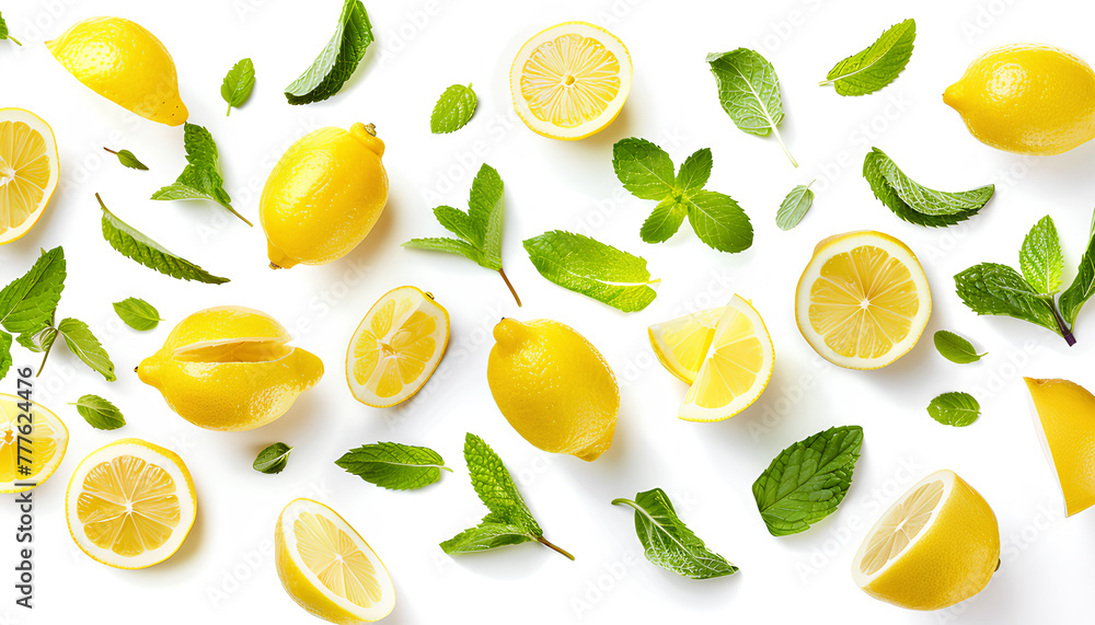 Fresh flying lemons and mint leaves isolated on white