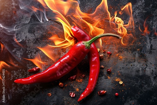 Red hot chili pepper on fire background.