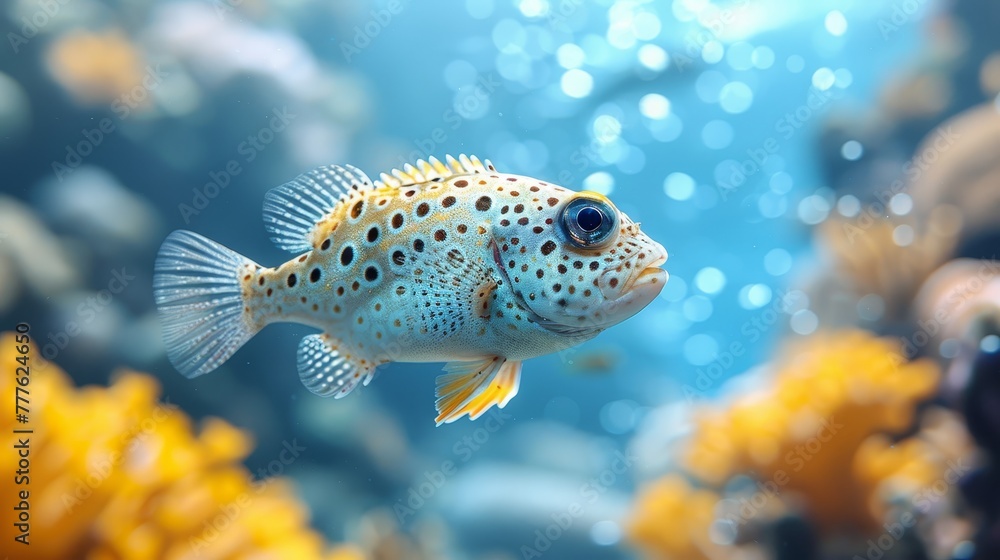 A tight shot of a fish swimming against a backdrop of intricate corals and various aquatic elements in an aquarium A tight shot of a fish swimming against a backdrop of intricate corals and various aquatic elements in an aquarium