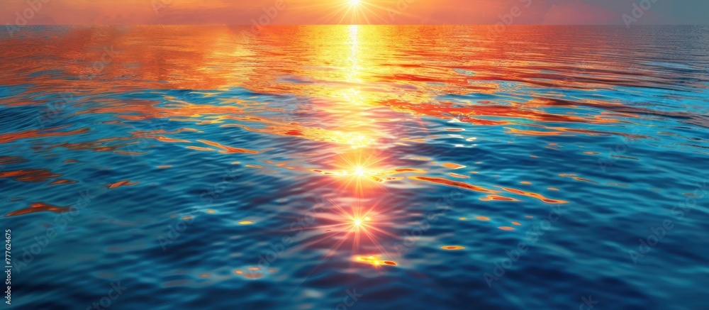 The sun breaks through the clouds, casting a golden glow on a vast body of water. - obrazy, fototapety, plakaty 