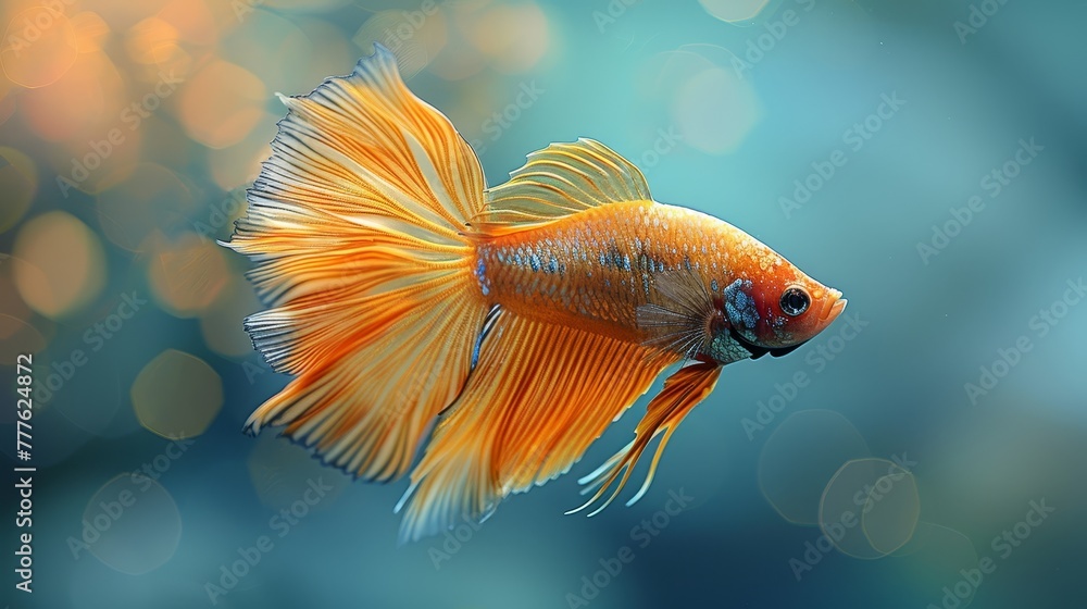 A goldfish in sharp focus against a blue backdrop, surrounded by a soft, blurred halo of light A goldfish in sharp focus against a blue backdrop, surrounded by a soft, blurred halo of light