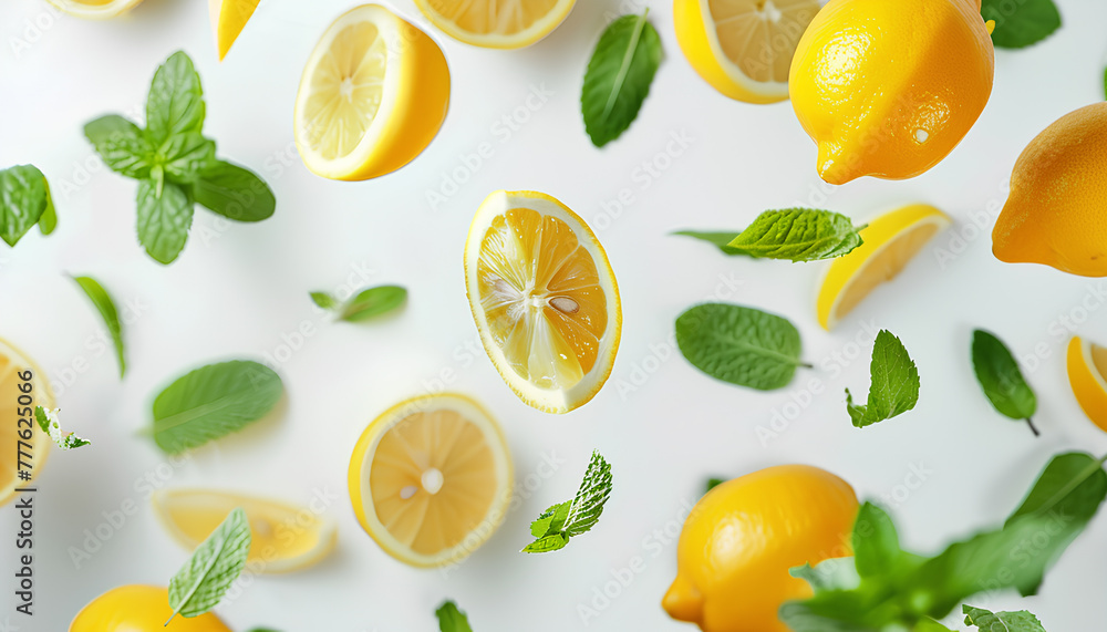 Fresh flying lemons and mint leaves isolated on white Fresh flying lemons and mint leaves isolated on white