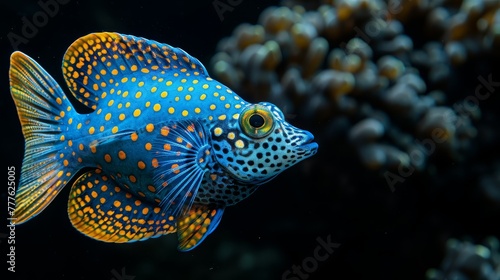   A tight shot of a blue-yellow fish against a black backdrop, its body adorned with yellow freckles © Jevjenijs