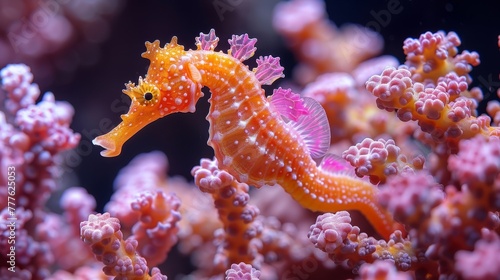   A tight shot of a seahorse amongst corals  with corals forming the background