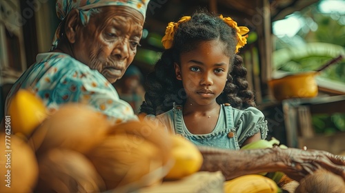 Young black jamaican girl baking with her grandmother.