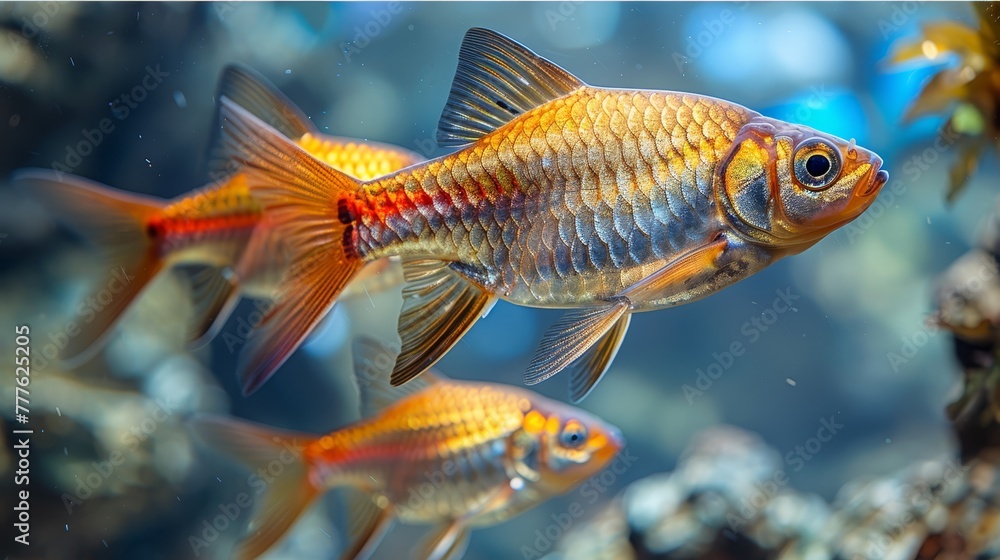 A tight shot of a school of fish in an aquarium, featuring rocks and greenery in the foreground, contrasting against a blue backdrop A tight shot of a school of fish in an aquarium, featuring rocks and greenery in the foreground, contrasting against a blue backdrop
