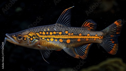   A tight shot of a fish boasting orange spots against a black backdrop © Jevjenijs