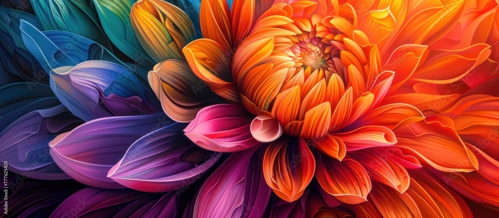 Close up view of a colorful flower with petals in various shades on a dark black background. Close up view of a colorful flower with petals in various shades on a dark black background.