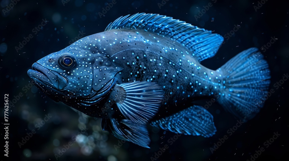 A tight shot of a fish submerged in water, its body speckled with numerousdots A tight shot of a fish submerged in water, its body speckled with numerousdots