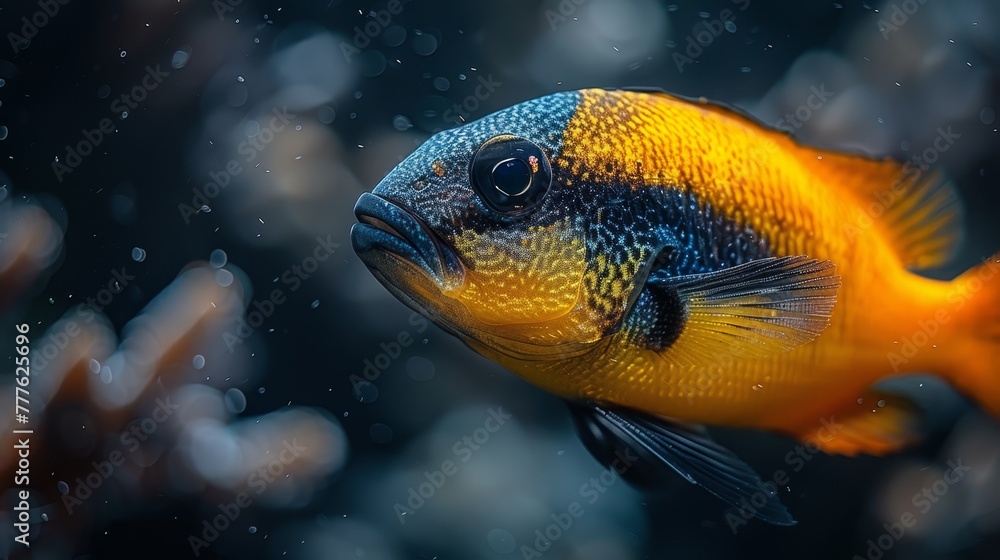 A close-up of a yellow and blue fish with bubbles in its background A close-up of a yellow and blue fish with bubbles in its background