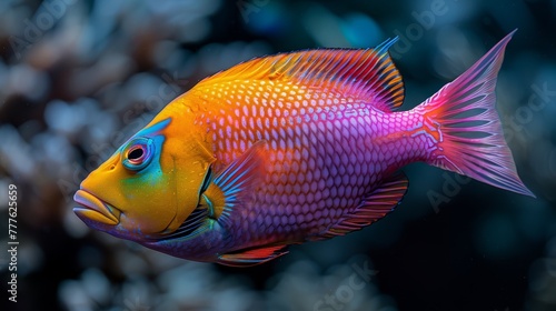  A tight shot of a vibrant fish Swimming near corals in an aquarium Foreground filled with clear water
