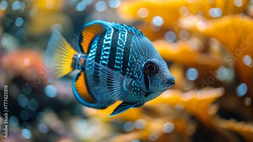  A tight shot of a blue-yellow fish amidst corals, with corals visible in the water background