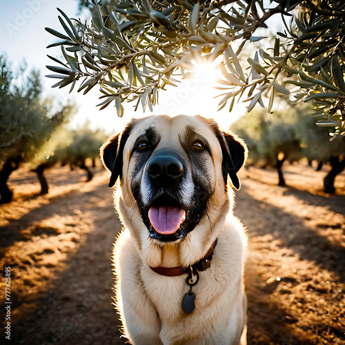 Cool Anatolian Shepherd Dog exploring a tranquil olive grove with a backdrop of a setting sun pet photography adorable portra photo