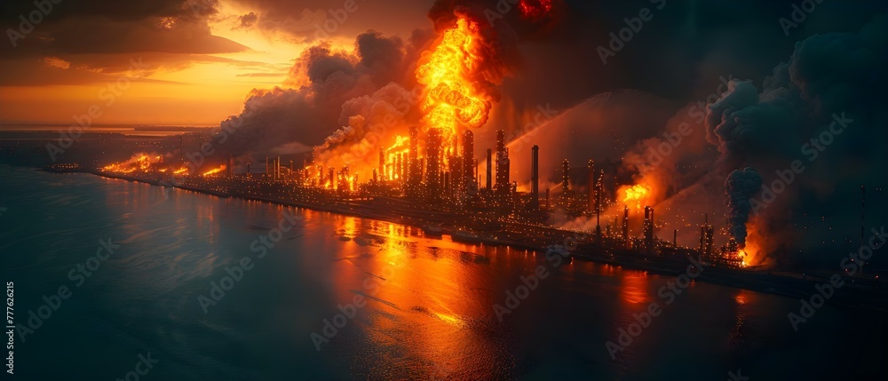 Crisis at Large Oil Refinery as Fire Erupts: Emergency Situation at Plant. Concept Oil Industry, Safety Procedures, Fire Emergencies, Industrial Accidents, Crisis Management
