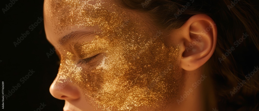   A woman's face, closely captured, adorned with gold glitter Her skin gleams with its application
