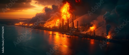 Crisis at Large Oil Refinery as Fire Erupts: Emergency Situation at Plant. Concept Oil Industry, Safety Procedures, Fire Emergencies, Industrial Accidents, Crisis Management