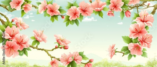   A tree branch bearing pink blooms against a backdrop of azure sky and scattered clouds, its vibrant foliage remaining green © Jevjenijs