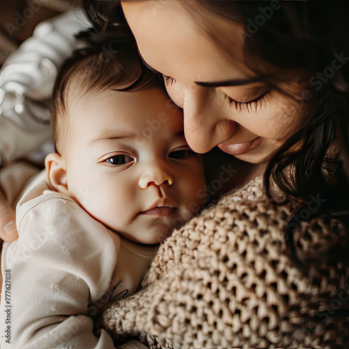 Loving gaze between mom and baby, capturing the bond, with space for warm wishes