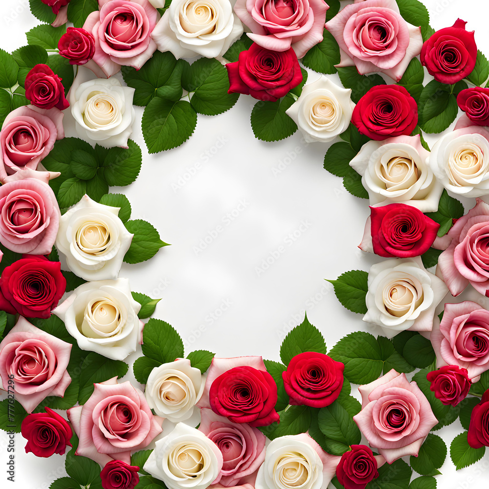 Natural white pink and red rose flowers surrounding square frame