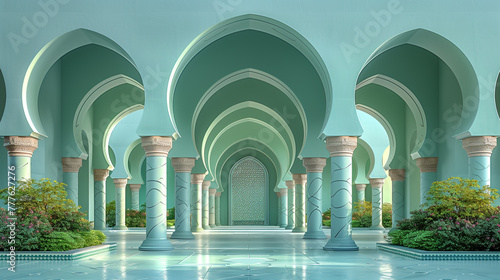 Depicts a courtyard with columns and horseshoe arches photo