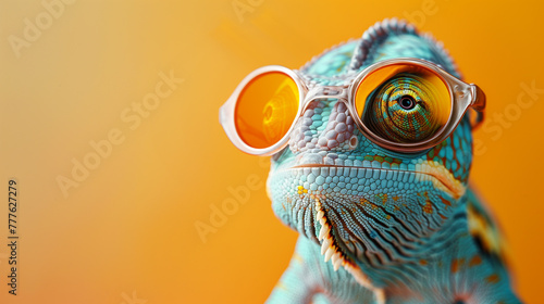 Chameleon wearing sunglasses with different colored lenses photo