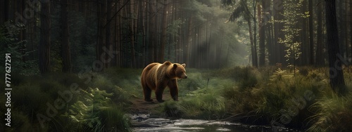 A wild brown bear in its natural forest habitat, animal in wildlife concept. photo