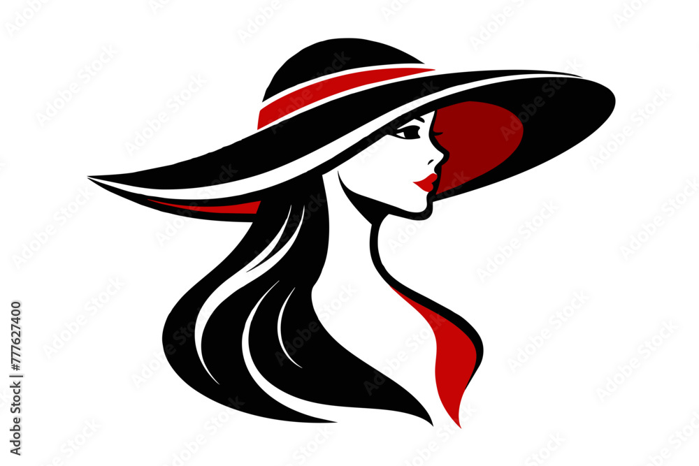 Silhouette image beautiful woman in big hat outline style white background Silhouette image beautiful woman in big hat outline style white background