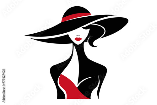 Silhouette image beautiful woman in big hat outline style white background 