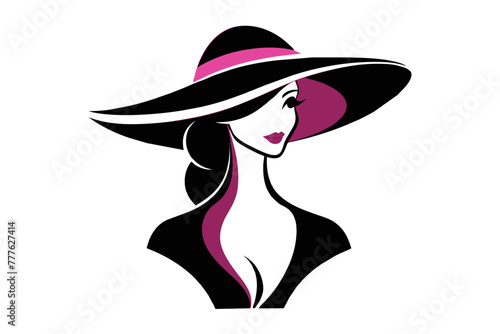 Silhouette image beautiful woman in big hat outline style white background 
