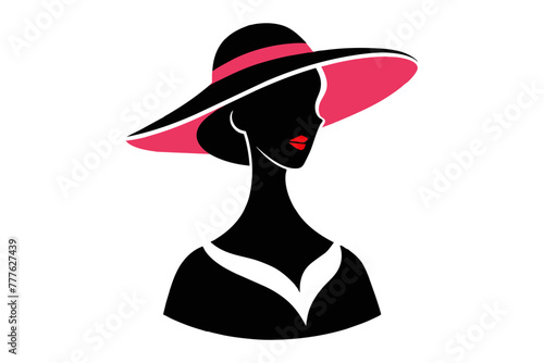 Silhouette image beautiful woman in big hat outline style white background 