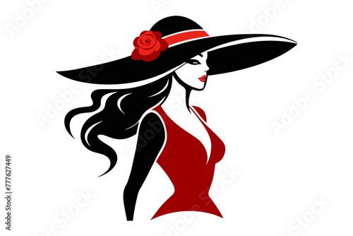 Silhouette image beautiful woman in big hat outline style white background 