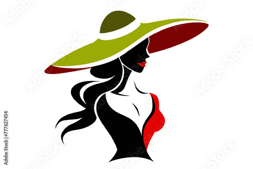 Silhouette image beautiful woman in big hat outline style white background 