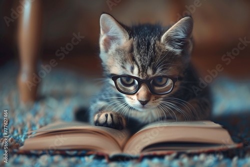 A fluffy tabby kitten wearing glasses resting on a open book © Jakraphong