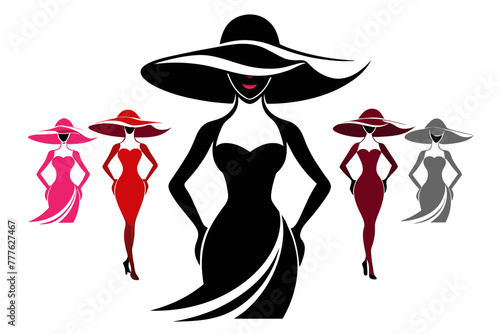 Silhouette image beautiful woman in big hat outline style white background 