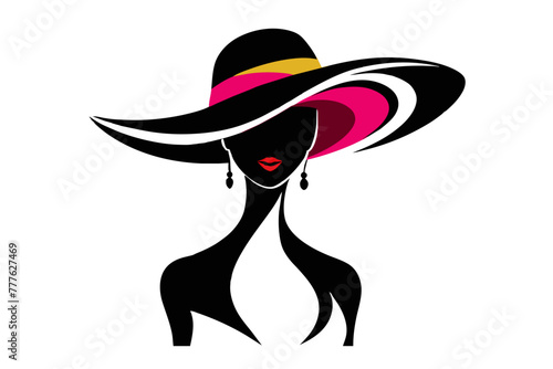 Silhouette image beautiful woman in big hat outline style white background 