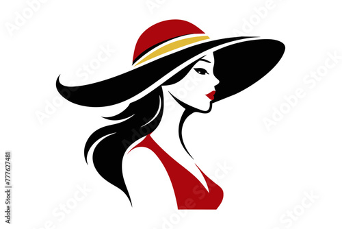 Silhouette image beautiful woman in big hat outline style white background 