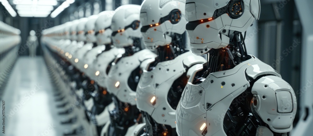 A row of robots are lined up on a conveyor belt while an AI driven bionic Android oversees the assembly process in a futuristic factory setting. A row of robots are lined up on a conveyor belt while an AI driven bionic Android oversees the assembly process in a futuristic factory setting.