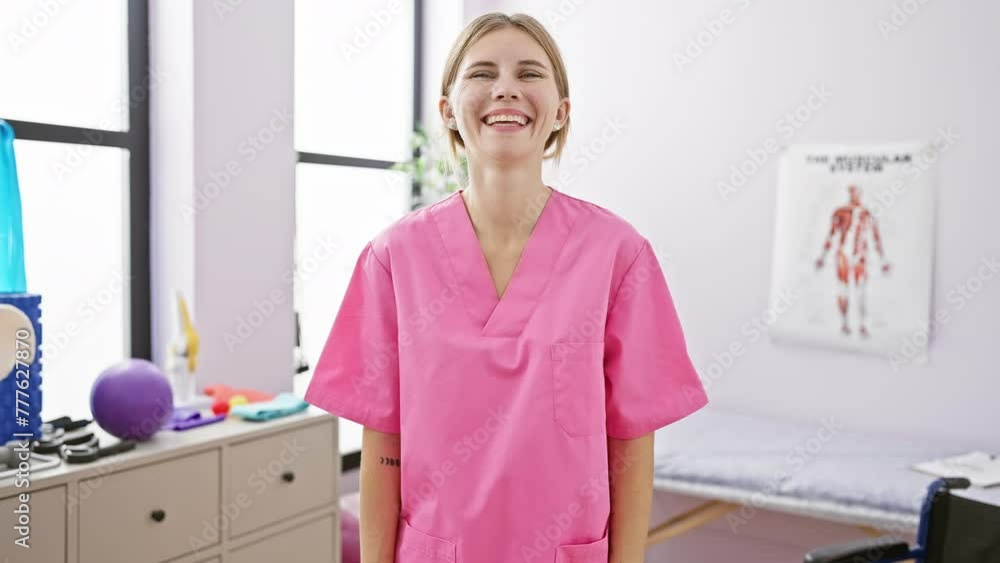 Delighted and confident, a beautiful blonde girl with a toothy grin works happily at a rehab clinic, radiating positivity Delighted and confident, a beautiful blonde girl with a toothy grin works happily at a rehab clinic, radiating positivity