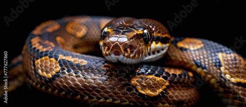 A detailed view of a Ball Python snake slithering on a black background. The scales of the snake are visible in high definition.