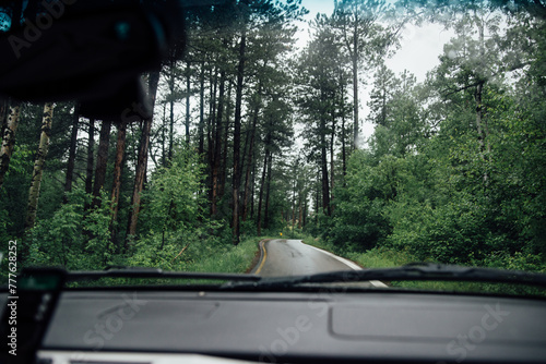 Wide view of winding road in forest from inside car on vacation photo