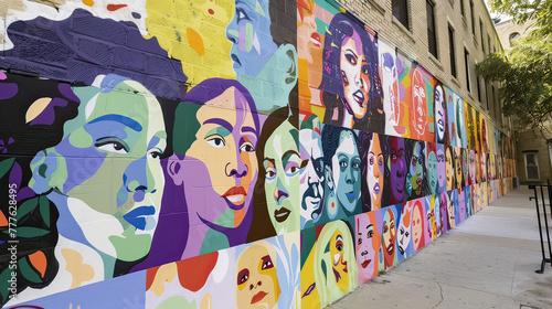 Public art project celebrating diversity, mural with faces and stories