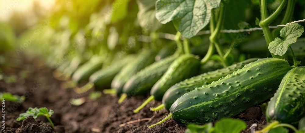 A row of vibrant green cucumbers thriving in a garden. A row of vibrant green cucumbers thriving in a garden.