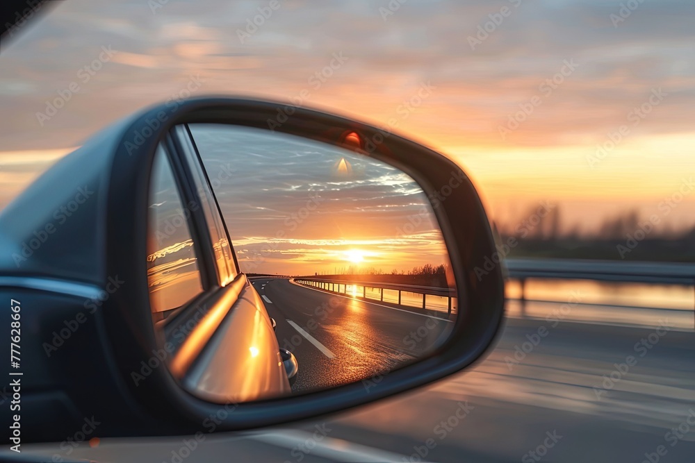 Car's side mirror reflects highway scene at sunset.