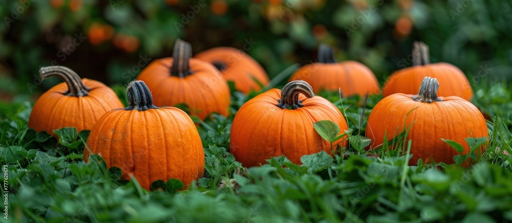 Several pumpkins have been arranged on top of a vibrant green field, creating an autumnal scene. Several pumpkins have been arranged on top of a vibrant green field, creating an autumnal scene.