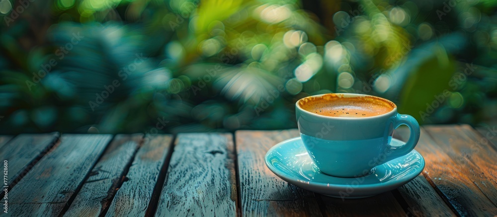 A blue-toned cup of coffee resting on a wooden table. A blue-toned cup of coffee resting on a wooden table.